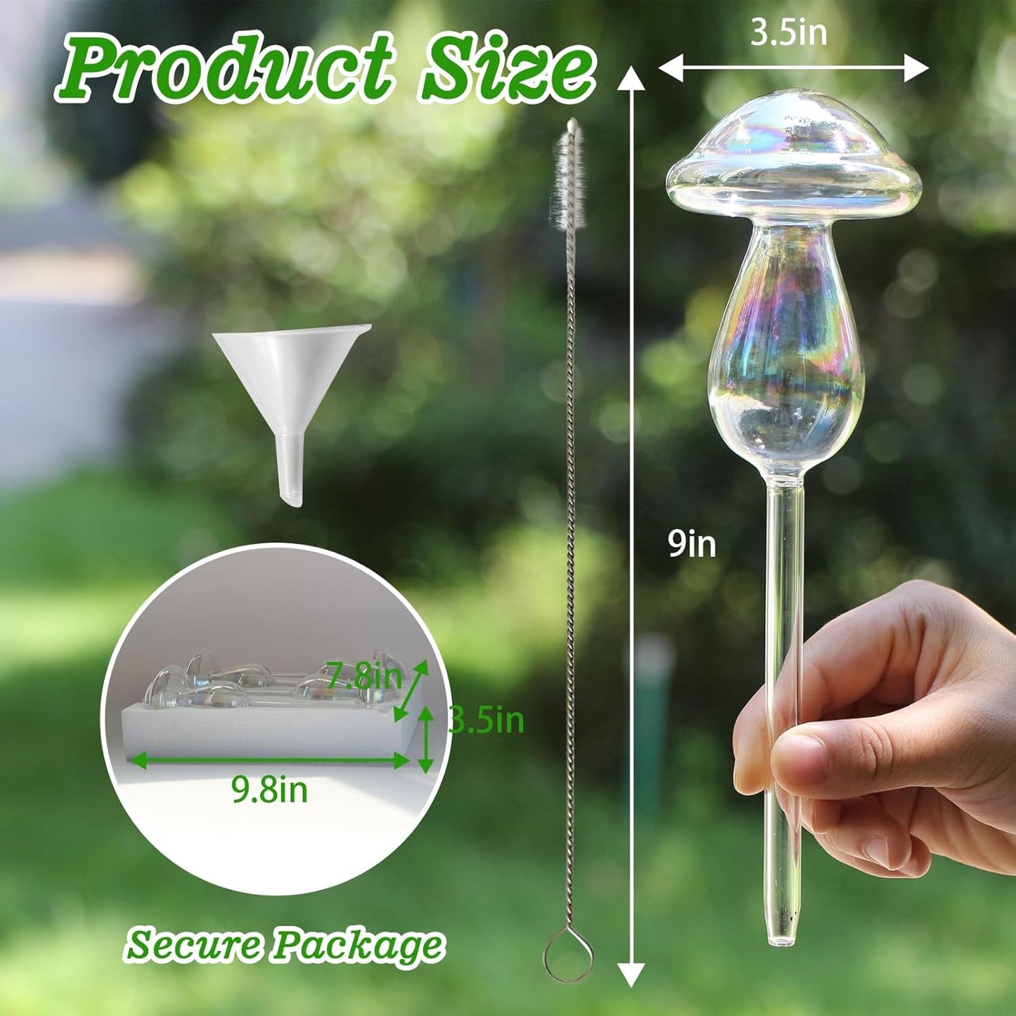 Plant Watering Globes, 4PCS Iridescent Rainbow Gradient Color Clear Glass Mushroom Self Watering Spikes Planter Insert, Automatic Plant Waterer Bulbs Devices for All Plants 9" L × 3.5" D
