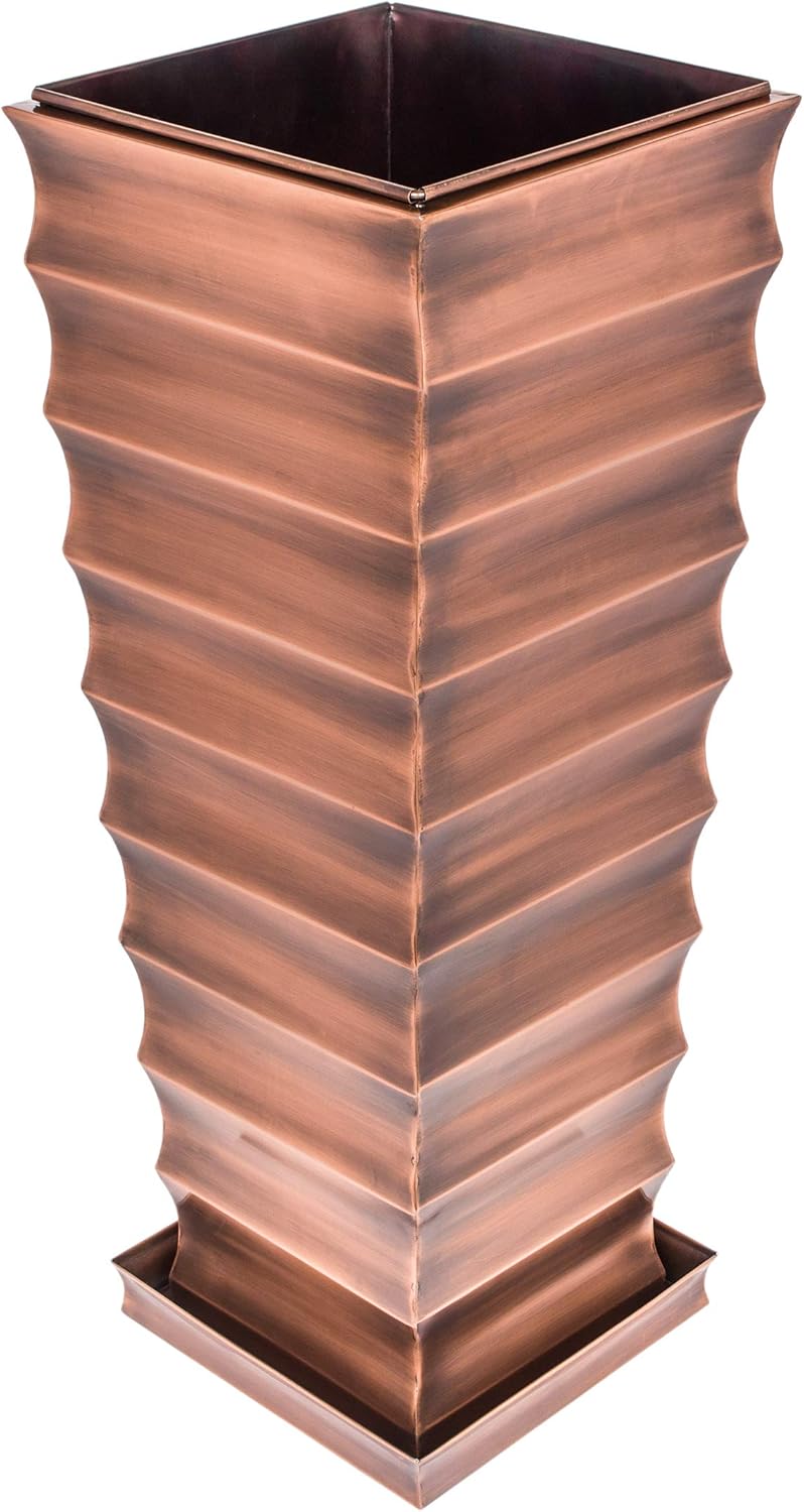 H Potter Copper Ribbed Planter Large for Outdoor Indoor Plants Small Spaces Entryway Patio Porch Tall Metal Planter Decor Vase with Drainage Drip Tray