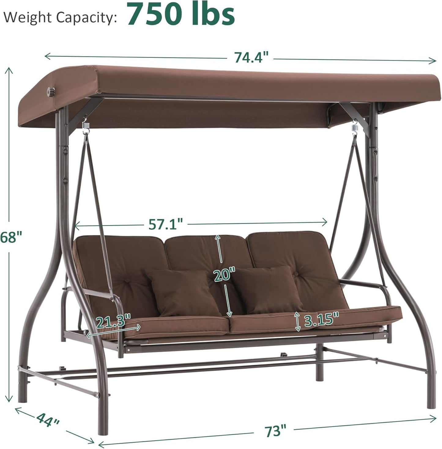 MCombo 3-Seat Outdoor Patio Swing Chair, 2-in-1 Convertible Porch Swing Glider Chair with Removable Cushions, Adjustable Canopy & Pillows for Backyard, Deck, Garden, 4068 (Brown)