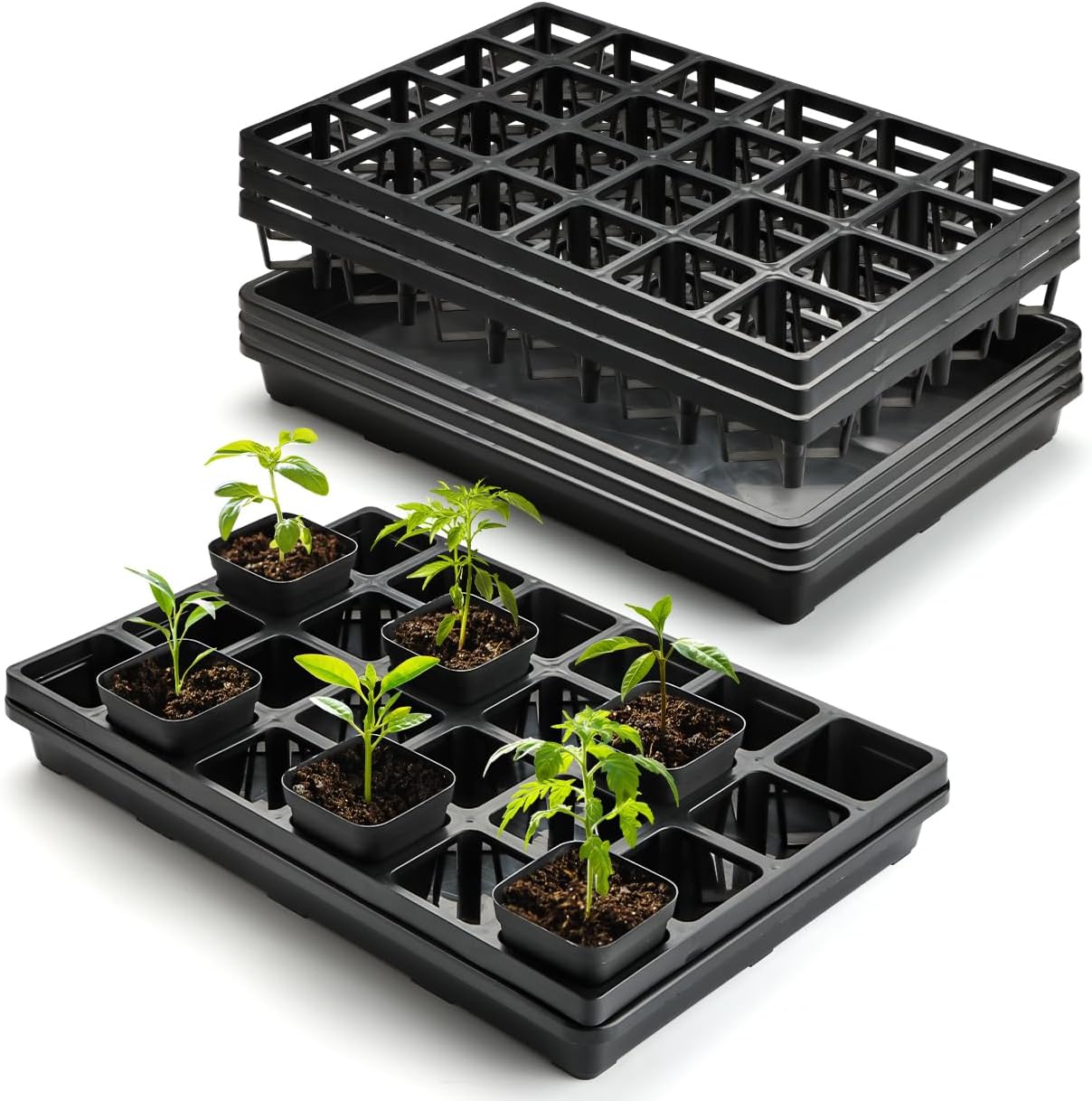 24 Cell Nursery Pots Trays (17"x11"x2") with Plastic Flat Seed Starter Trays, Durable Carrying Seedling Starter Tray, Reusable Planting Trays for Holding 2.7 inch Nursery Pots, 3 Sets Combo