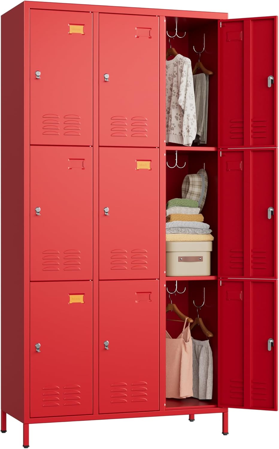 9 Doors Metal Storage Lockers for Employees with 27 Hooks,72" H Employee Lockers with Business Card Holder for Offices School Gyms Home,Assembly Required,Red