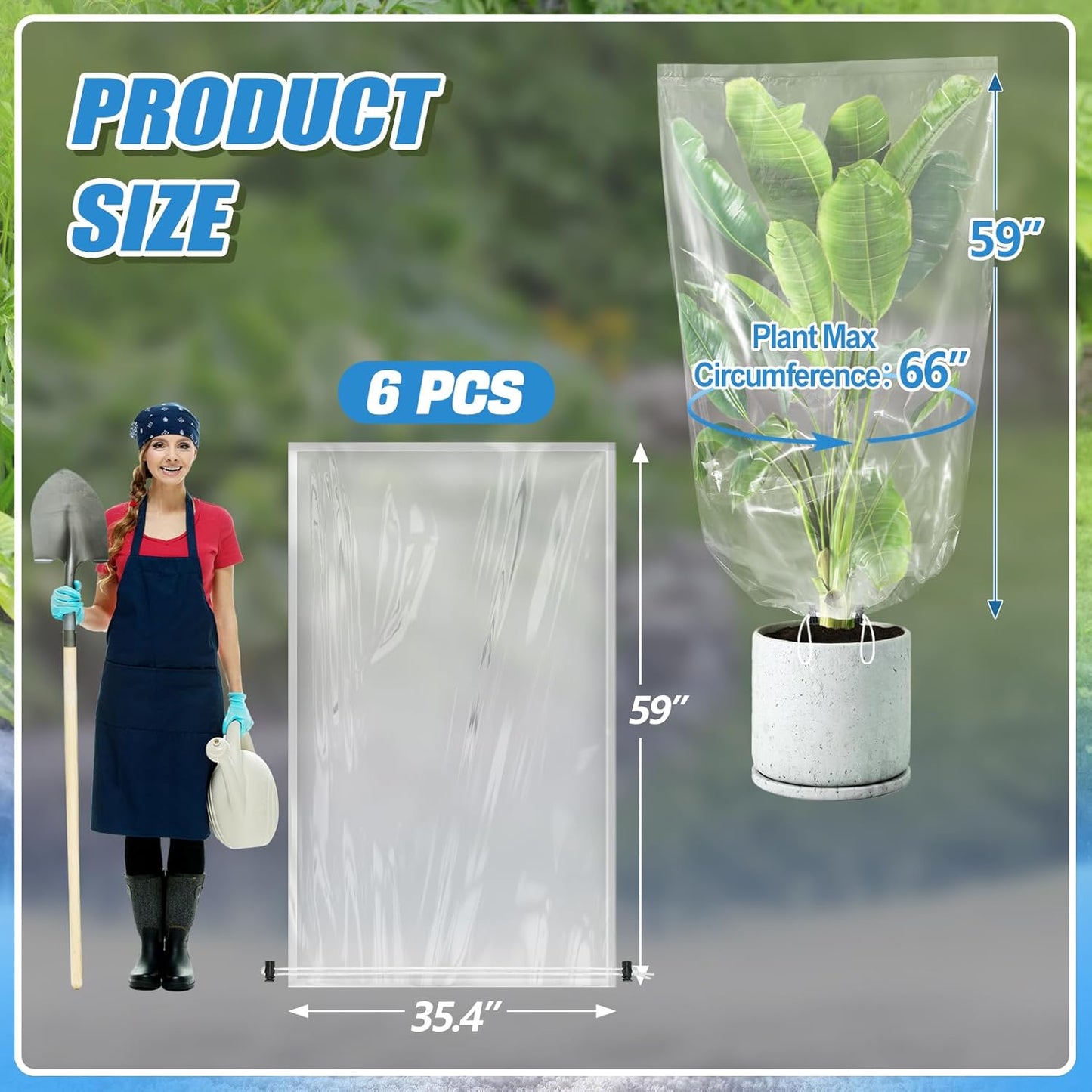 ANPHSIN 6 Pcs Winter Plant Film Cover with Drawstring - 35.4" x 59" Plastic Plant Cover Freeze Protection Transparent Waterproof Plant Shelter Bag for Outdoors Garden Plants Shrubs Sapling Crops