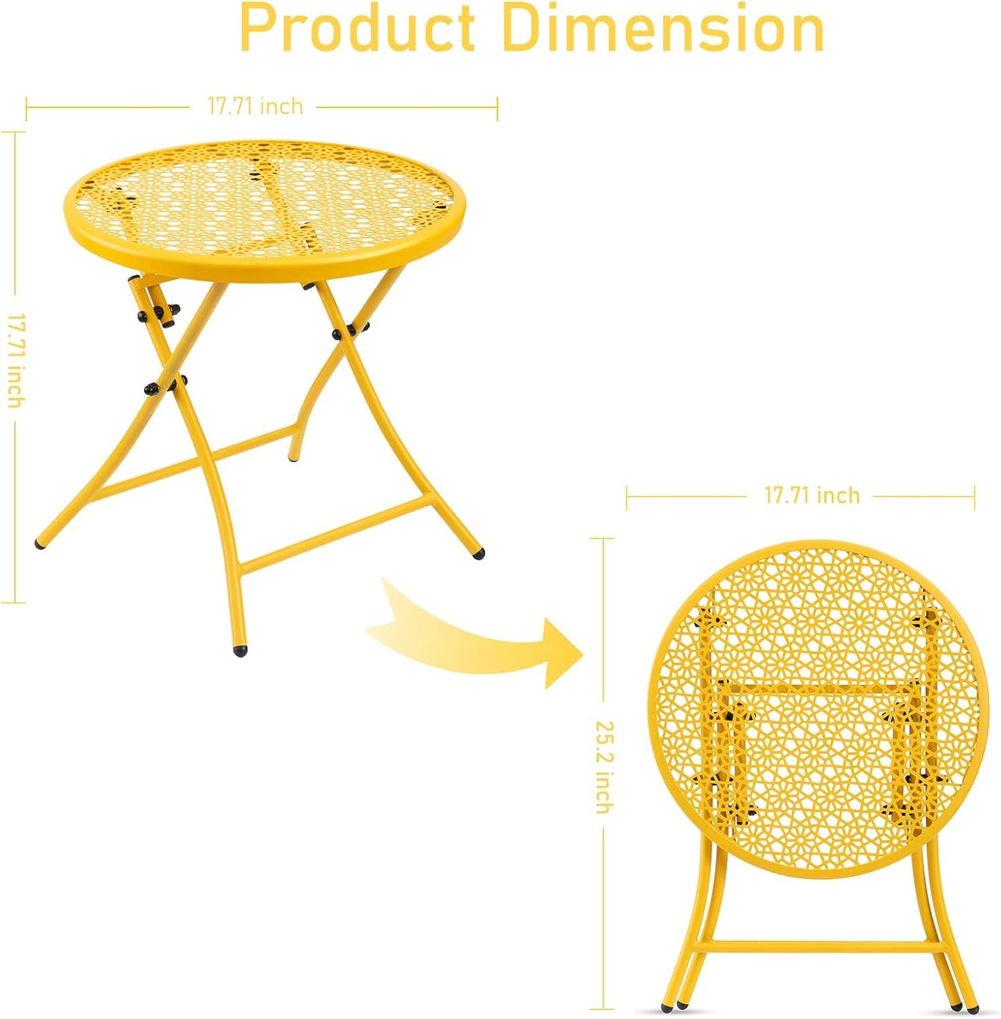 TeoKJ Folding Outdoor Side Tables, Anti Rust Small Patio Table Round Metal Nightstand with Flower Cutouts for Porch Yard Balcony Deck Lawn, Yellow