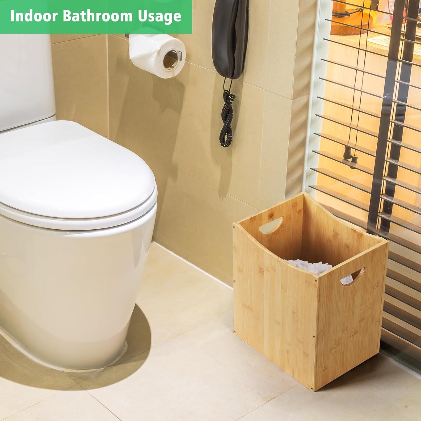 Trash Can Rectangular 5 Gallon Bamboo Waste Basket with Handles, Farmhouse Wastebaskets for Bathroom Office Trash Cans Square Bedroom Garbage Can Recycling Bin for Living Room Kitchen Under Counter