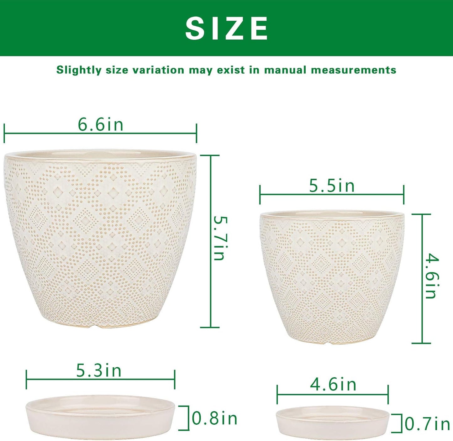 Docrin Ceramic Plant Pots Indoor, 6.6 + 5.5 Inch Planters with Drainage Holes and Saucer for Home/Office - Set of 2 /White