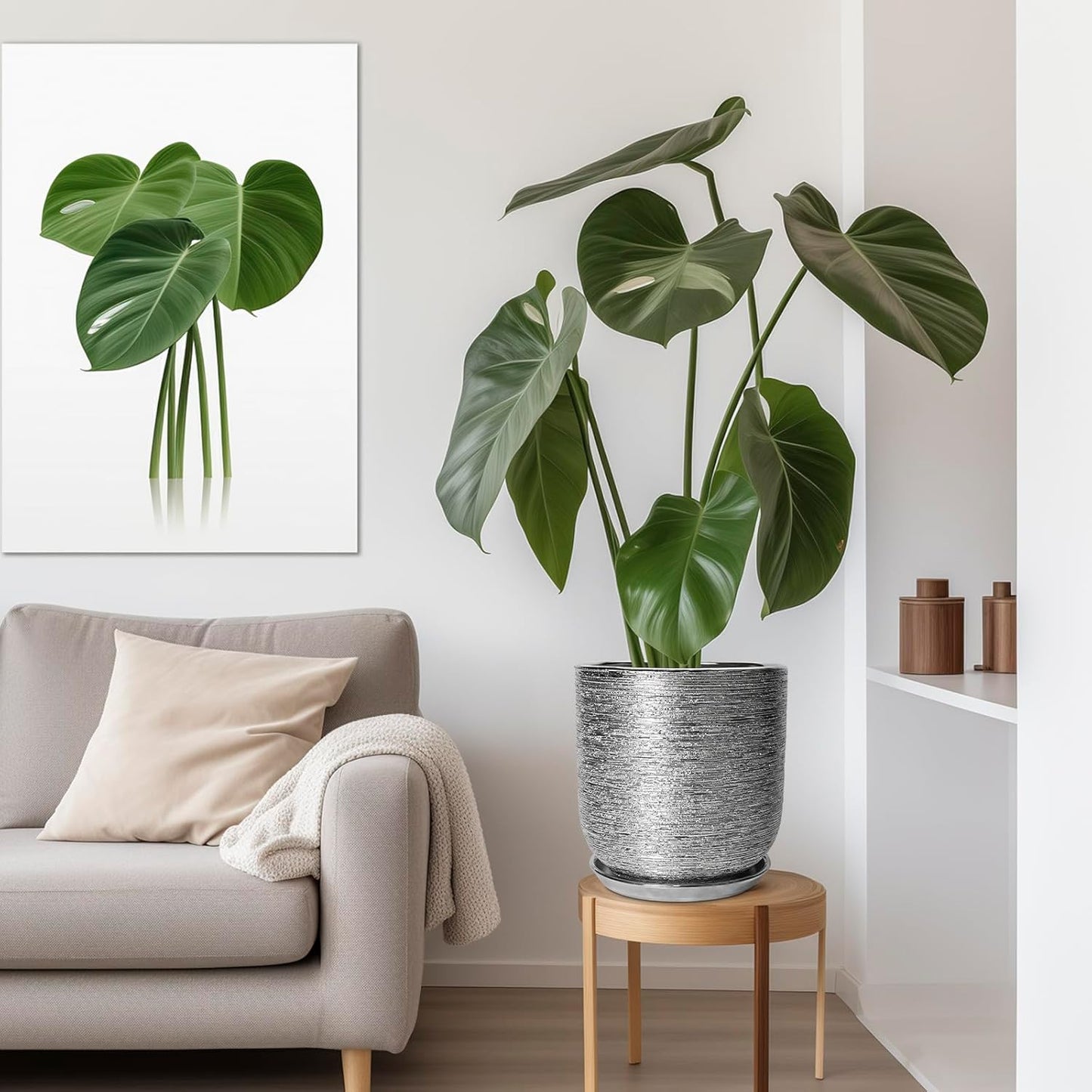 12 Inch Plant Pot - Ceramic Planter for Indoor Outdoor Plants, Modern Round Decorative Flower Pot with Drainage Hole and Saucer, Housewarming Gifts, Home Patio Decor, Silver