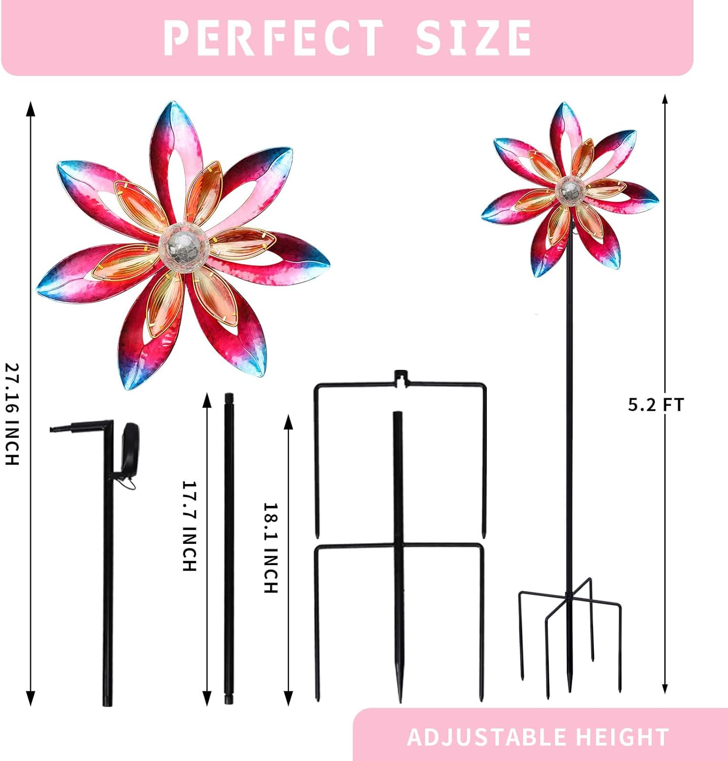 WONDER GARDEN Wind Spinners for Yard and Garden-Solar Wind Spinner - 5.2 FT Wind Sculptures & Spinners Windmill with LED Light Glass Ball for Garden Patio Outdoor Decor