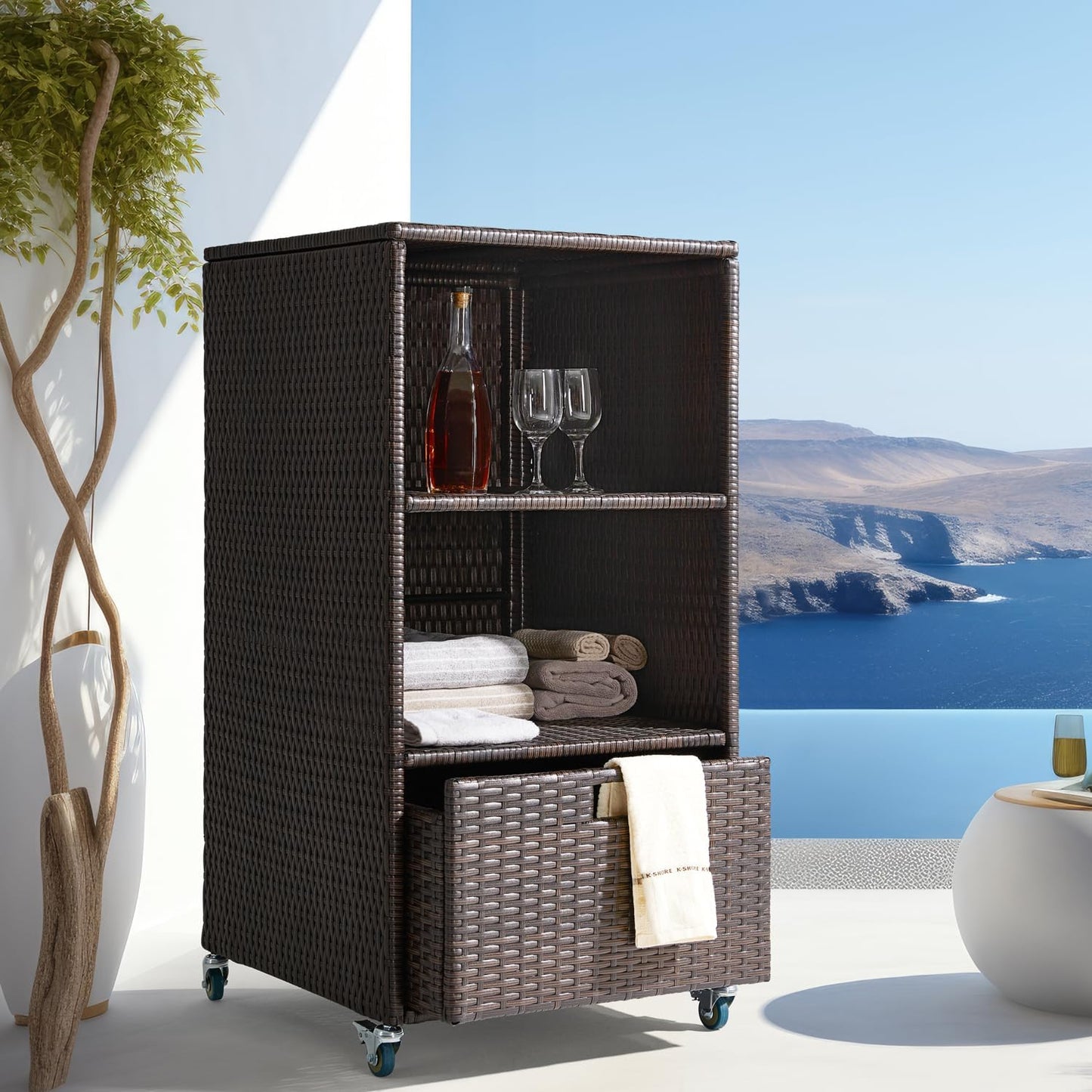 Outdoor Pool Towel Storage Cabinet Organizer Towel Valet Rack with Storage Shelves & Drawer Patio Wicker Pool Towel Holder with Rolling Wheels Poolside Caddy w/Cover for Hot Tub Spa Brown