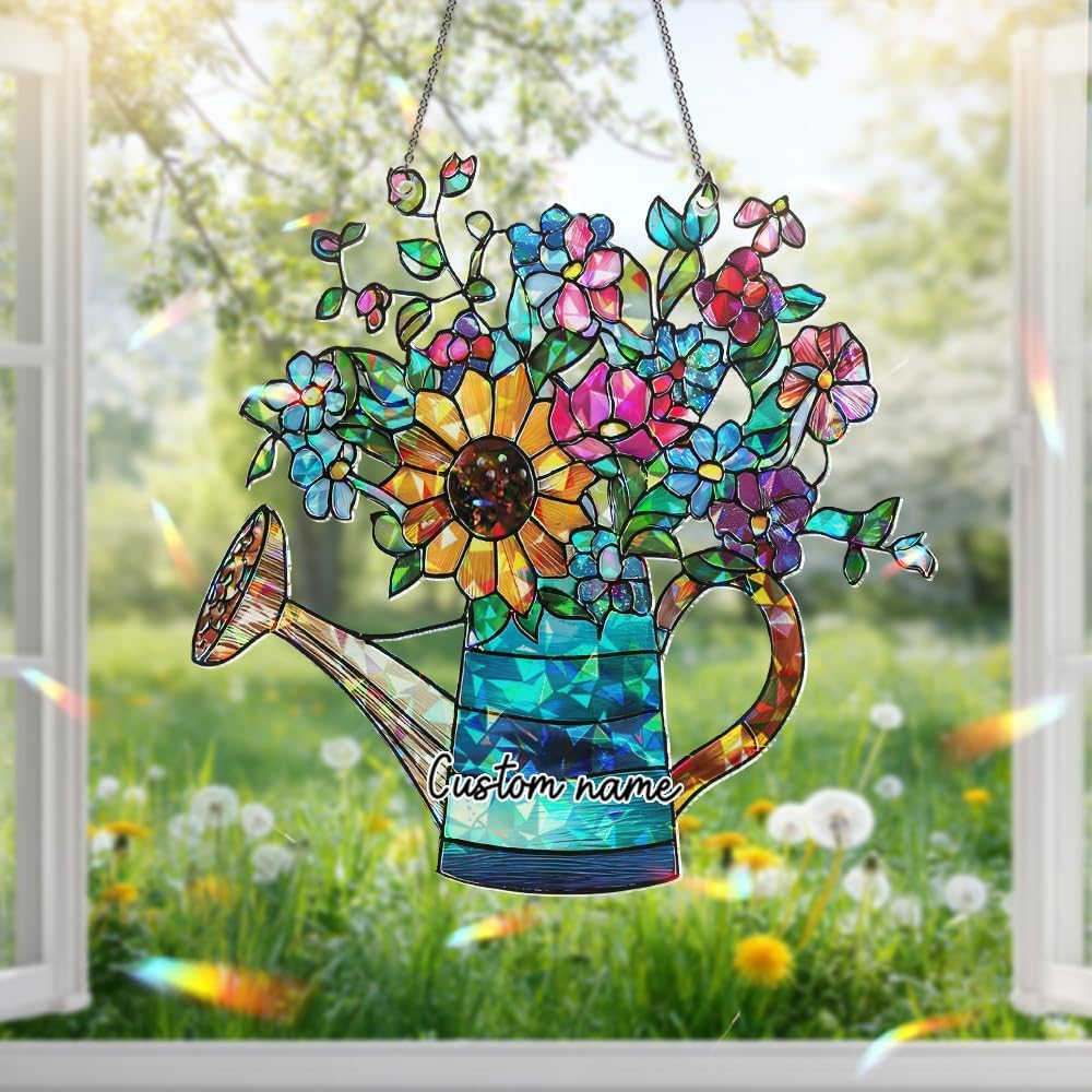 Sunflower Watering Can Suncatcher – Stained Glass Floral Ornament, Window Hanging Sun Catchers for Kitchen, Garden and Home Christmas Decoration