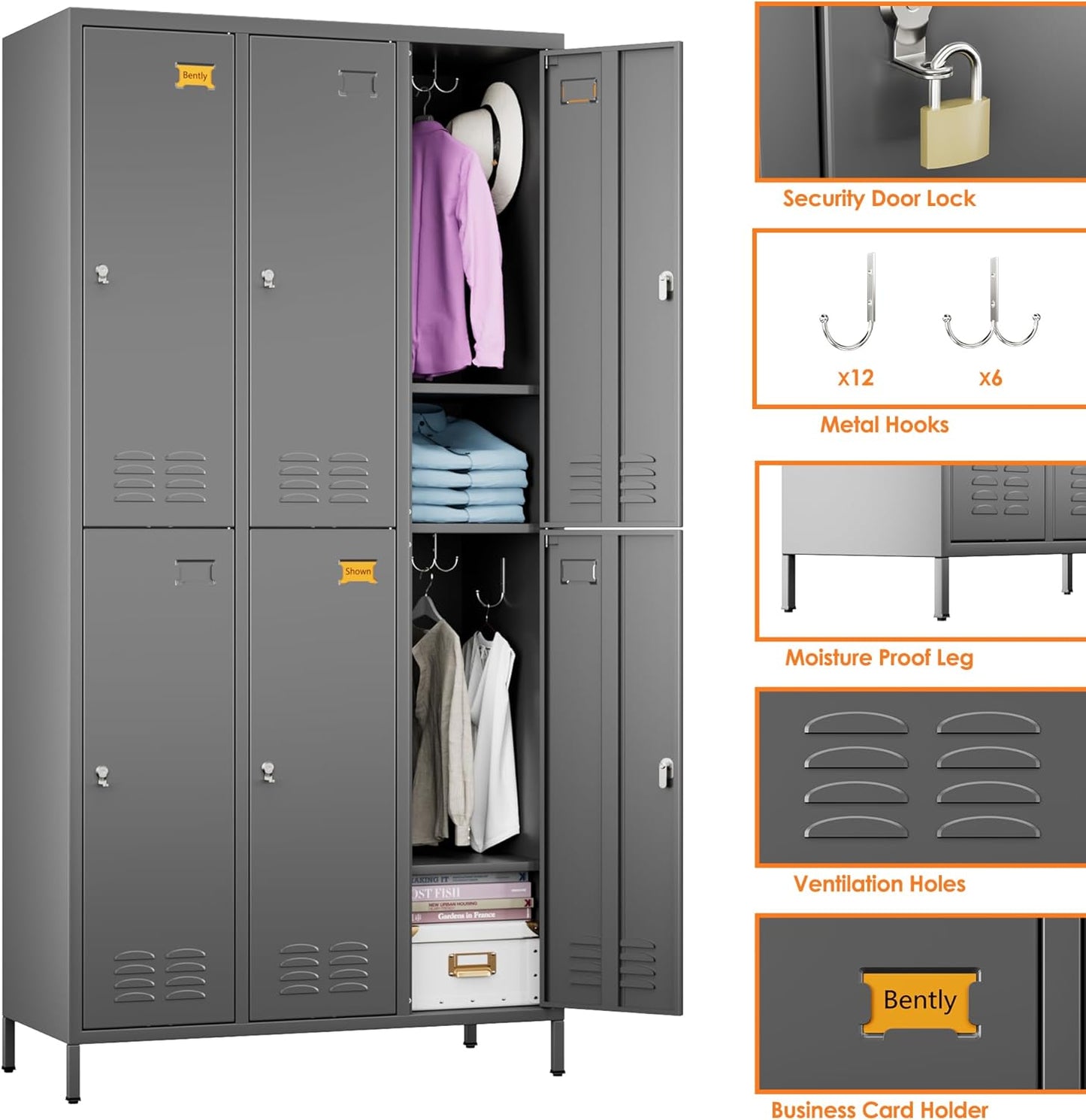 6 Doors Metal Lockers for Employees with 18 Hooks, Metal Employes Lockers with Ventilation Holes for School Garage Office Gym Home,Assembly Required,Dark Grey