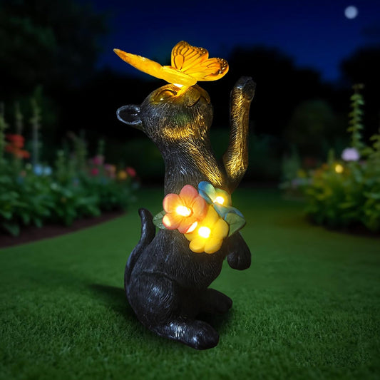 Solar Cat Garden Statue Outdoor Decor - Resin Cat Butterfly Statues for Outside Waterproof, Animal Figurines for Patio Balcony Yard Art Lawn Ornaments, Unique Birthday Gifts for Mom/Women/Grandma
