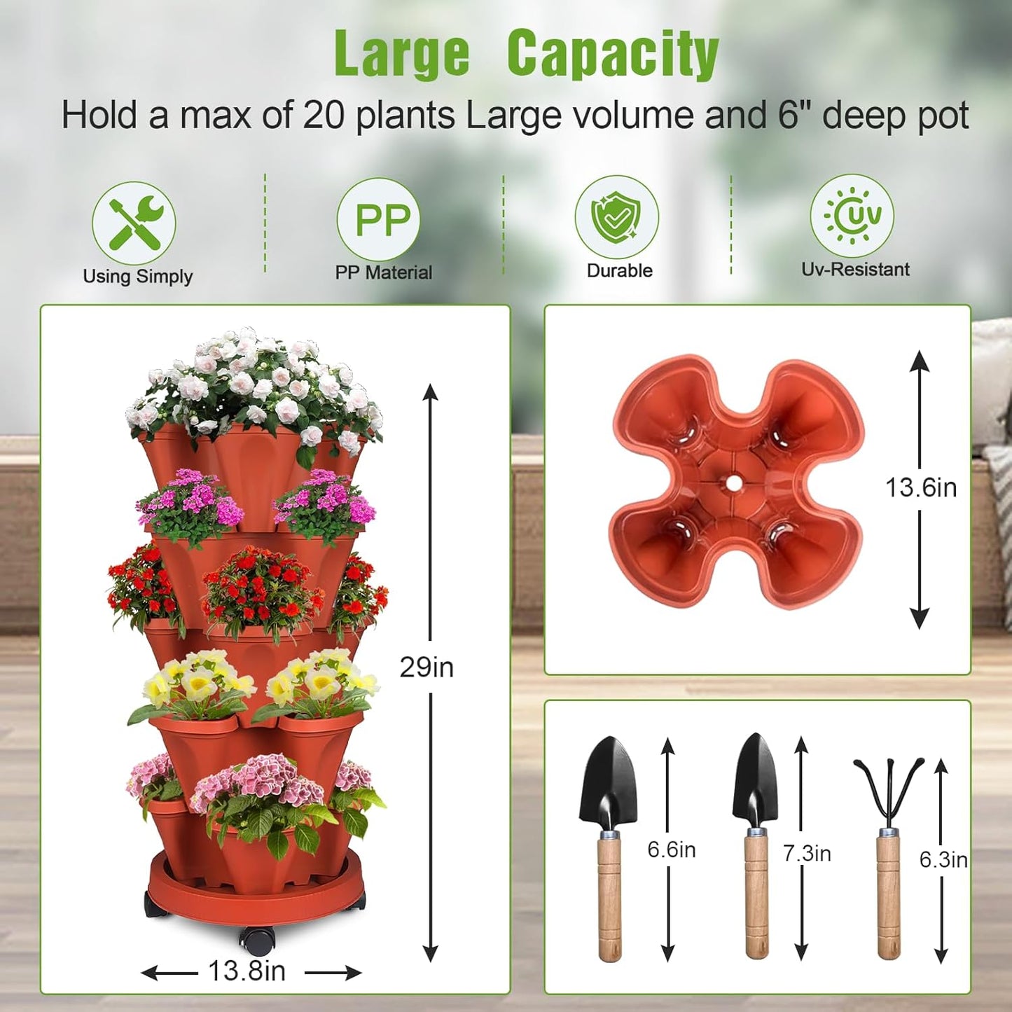 5 Tier Vertical Strawberry Planter-Tower Stackable Herb Planter Stacking Garden Planters Pot Outdoor With Tools Mover For Growing Flowers, Vegetables and Succulents