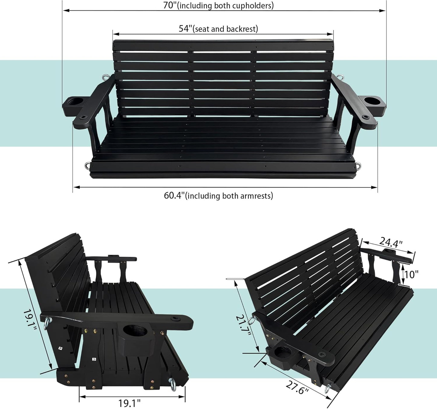 Wooden Porch Swing 3-Seater, High Backrest and Deep Seat, Bench Swing with Cupholders, Hanging Chains and 7mm Springs, Heavy Duty 880 LBS, for Outdoor Patio Garden (Carbon Black, 5 FT Extra Large)