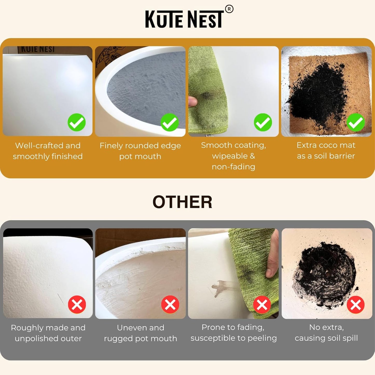 12.8" H x 16" D Globo Fiberstone Round Planter with Drainage Hole, Weather Resistant, Smooth Finish, Planters for Indoor Plants & Outdoor, 2 Extra Coco Mats (Black, 10.7" Pot Opening)