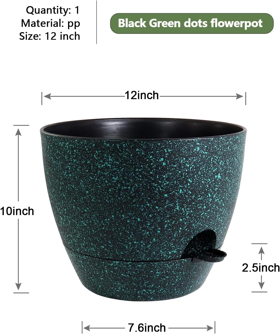 12 inch Large Self Watering Pots, Planter, Plant Pots with Mesh Drainage Holes for Indoor Outdoor House Plants and Garden, Plastic Flower Pots with Reservoir, Black with Green Speckles