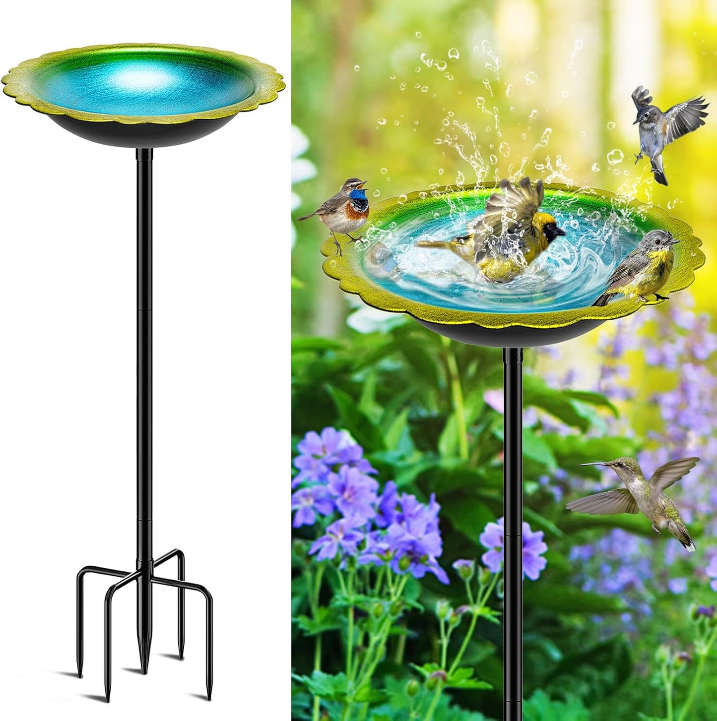 38In Bird Bath for Outside, Metal Birdbath Bowl Decorated Metal with 5 Prong Base Stand Outdoor Bird Baths Bird Feeder Garden Decor Yard Art (Blue-Green)