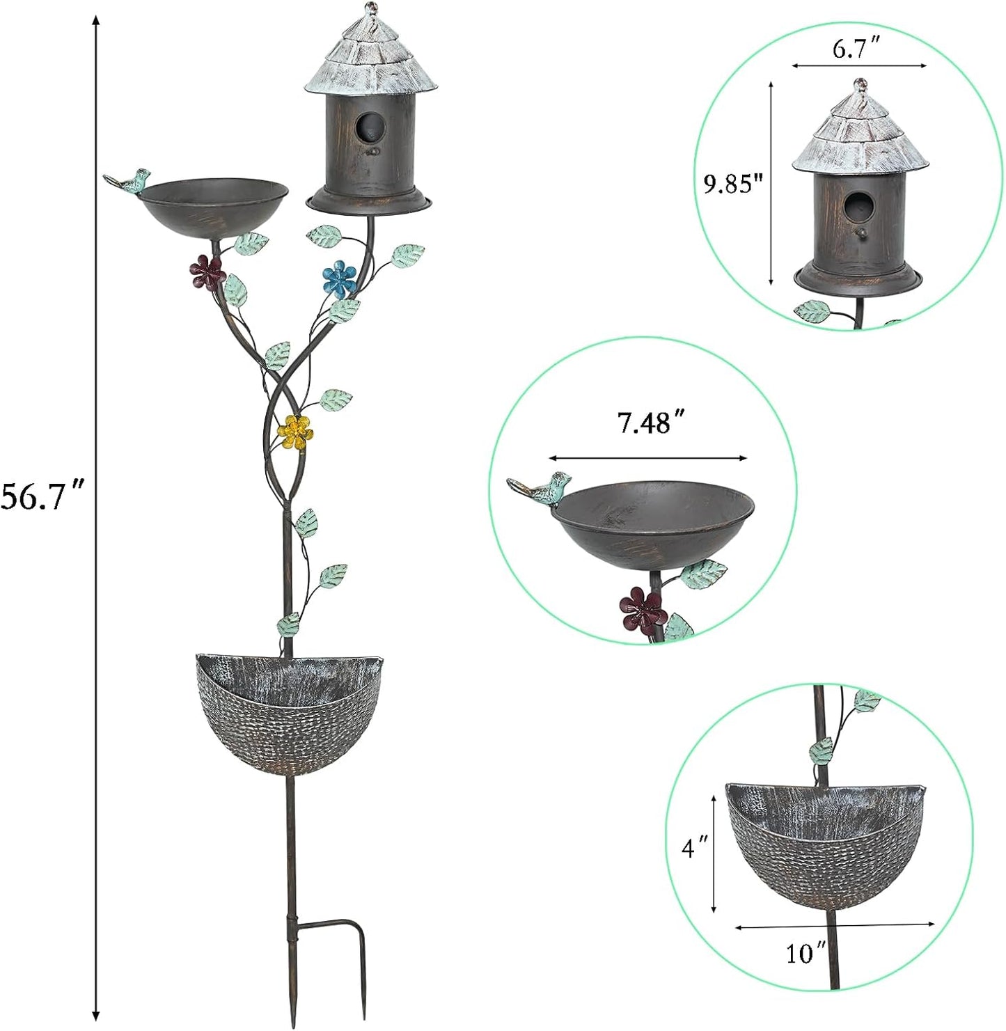 56.7” H Bird Baths for Outdoors, Metal Bird Bath Bird House and Planter Pot 3-in-1 Design, Birdbath and Bird Houses with Pole Stand for Outside Garden Yard Decor