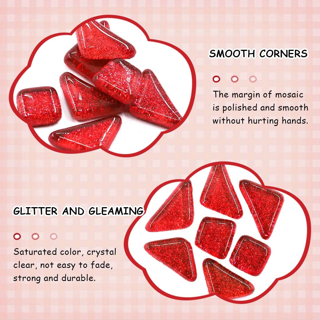 Swpeet 1 Pound Red Shine Crystal Series Mosaic Tiles Assortment Kit, Square and Triangle Genuine Mosaic Tiles Glitter Crystal Mosaic Perfect for Home Decoration Crafts