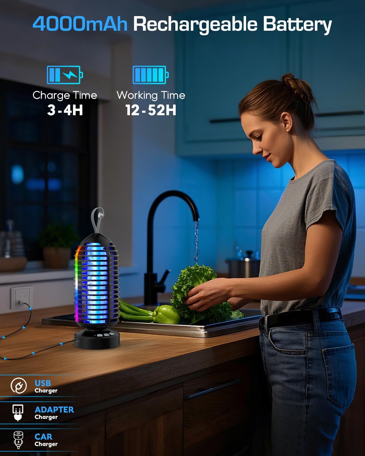 Bug Zapper Outdoor with Marquee Light, Cordless Mosquito Zapper, 4000mAh Rechargeable Electric Bug Zapper Indoor, Auto On/Off Waterproof Mosquito Trap Fly Zapper for Patio Backyard Kitchen Camping