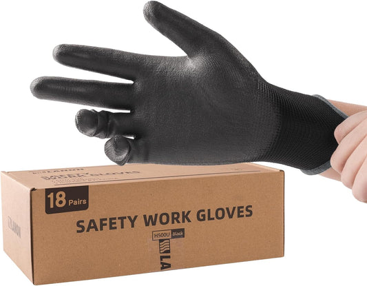 LANON Safety Work Gloves for Men and Women, 18 Pairs Mechanic Black Working Gloves with Grip Odorless PU Coated, Seamless Knit, Full Fingertip Touchscreen for Light Duty Working Gloves, XXL