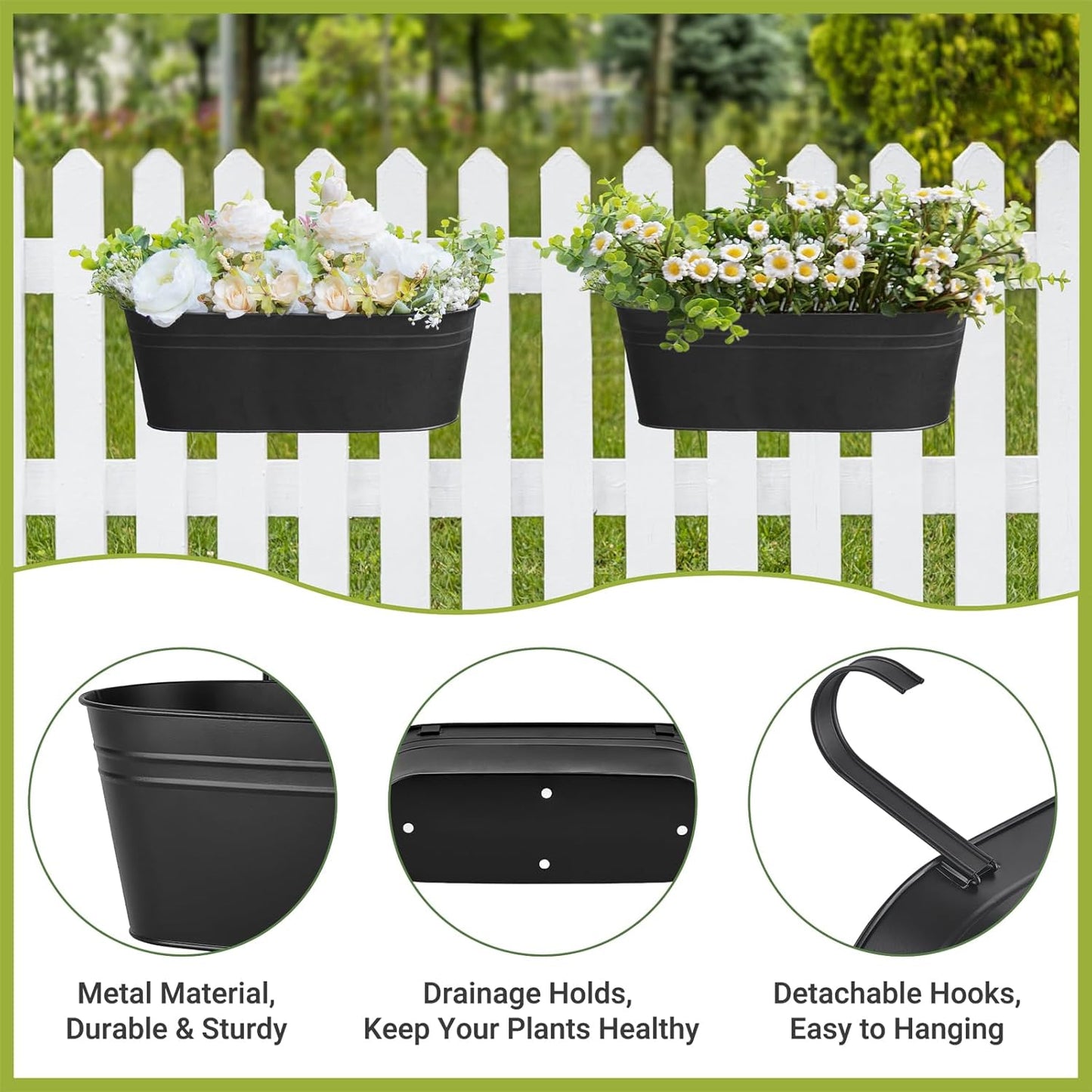 Dahey 5 Pcs Metal Iron Hanging Flower Pots for Railing Fence 15.7 Inch Hanging Bucket Pots Countryside Style Window Flower Plant Holder with Detachable Hooks for Garden Yard Home Decor, Black