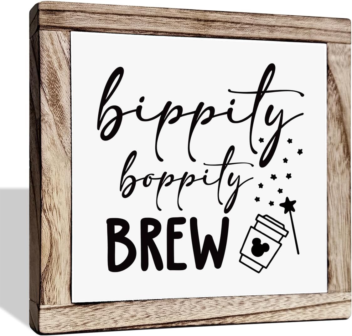 Bippity Boppity Wood Plaque Sign, Box Wood Plaques Desk Décor, Rustic Wooden Coffee Table Sign, Kitchen Home Decor, Tabletop Decor Sign, Coffee Lover Gift, Disney Lover Gift 7.9×7.9inch