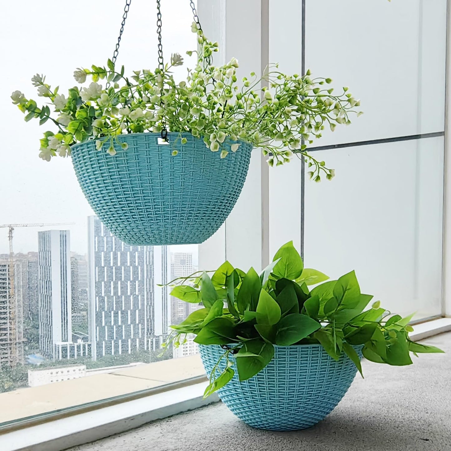 Hanging Planters for Outdoor Plants 8/10 Inch, 4 Packs Plant Hanger Indoor with Drainage Holes, Hanging Basket Flower Pot Perfect for Home, Office and Garden (Sky Blue)