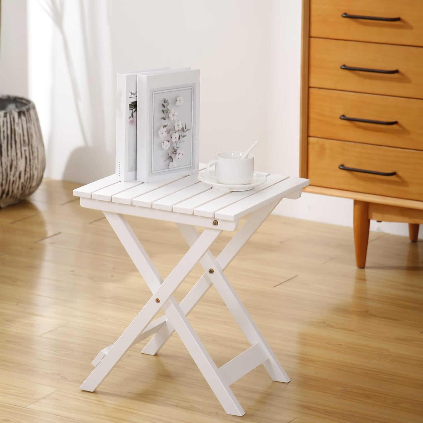 Small Side Table Square Folding, Patio Foldable Wooden End Table for Outdoor Indoor Porch Camping Living Room Bedroom, as Coffee Table or Plant Stand, White
