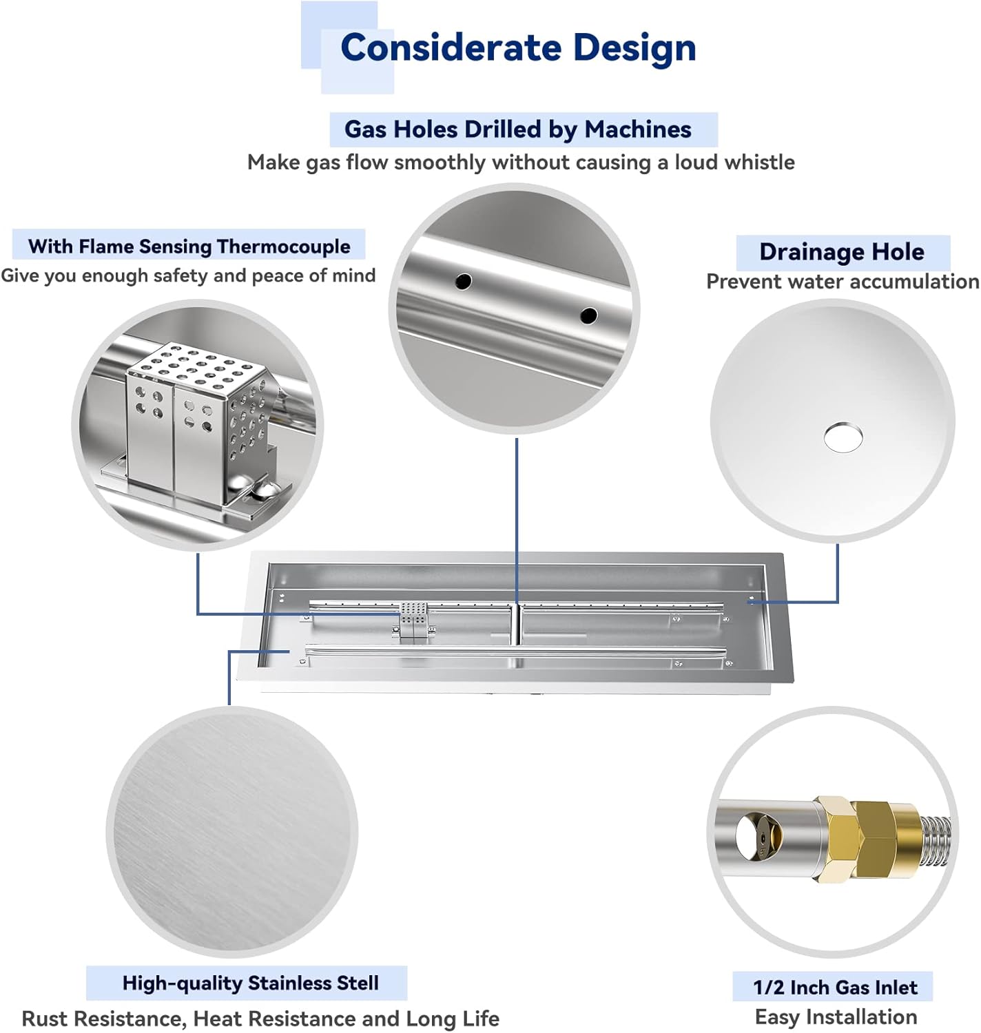 Skyflame 30" Rectangle Stainless Steel Fire Pit Drop-in Burner Kit with Extinguishing Protection Device, Electronic Spark Ignition, and Propane Regulator Hose Set