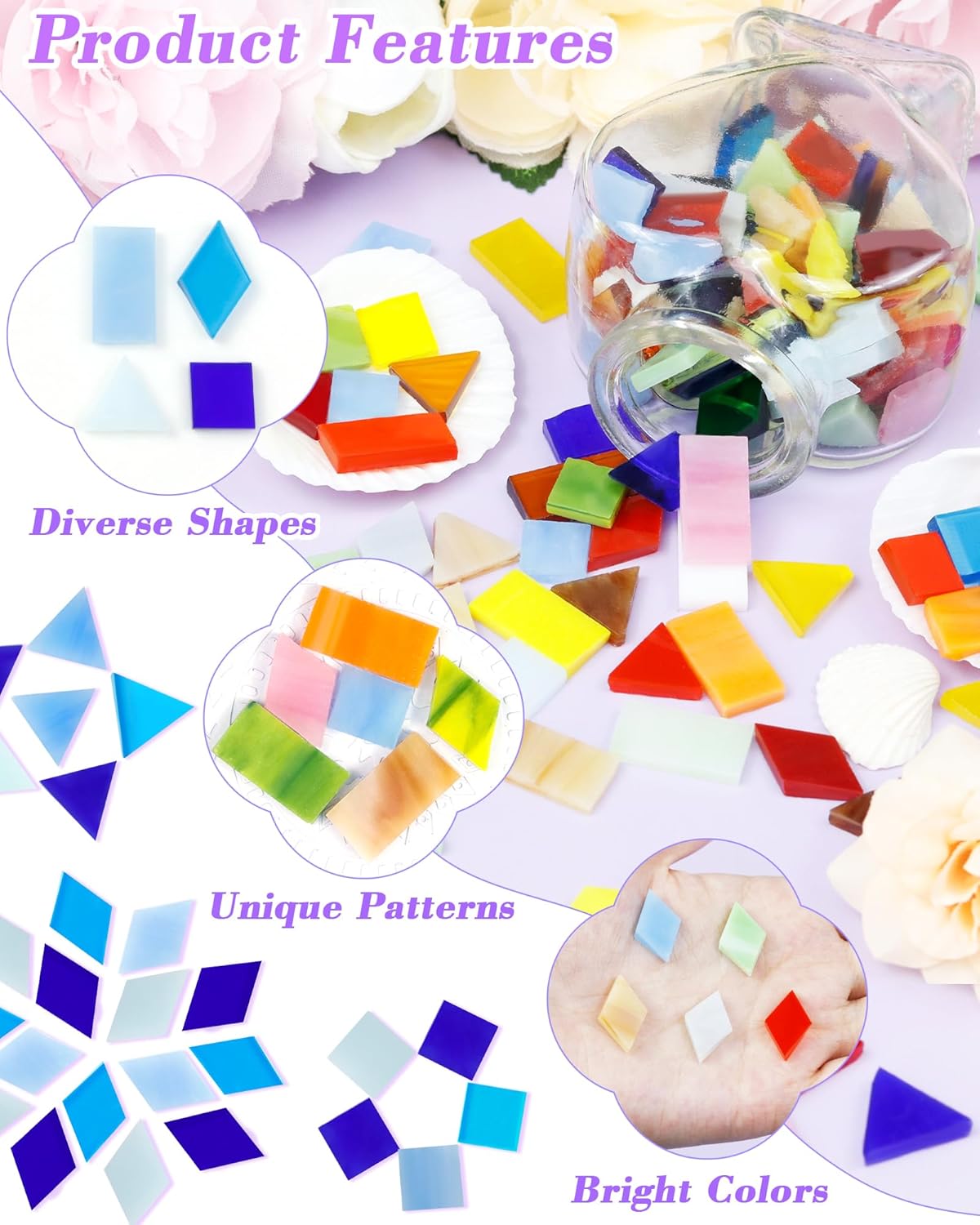 FIVEIZERO 260g Glass Mosaic Tiles for Crafts - 300 Pieces Tiny Mosaic Tile Kit, Irregular Pieces for DIY Craft Jewelry, Coaster Art & Mosaic Kits (Mixed-Color)