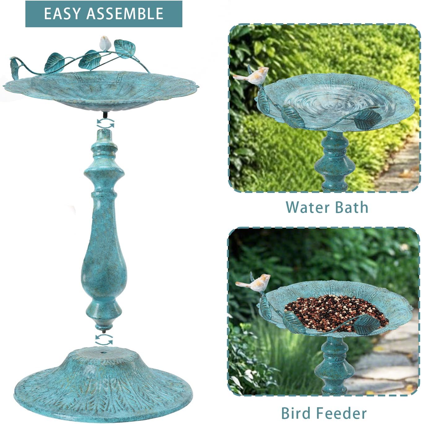 22" H Bird Baths for Oudoors, Antique Pedestal Bird Bath with Bird Statues Metal Birdbaths Bird Feeder Bowl Tray Garden Yard Decoration, Blue