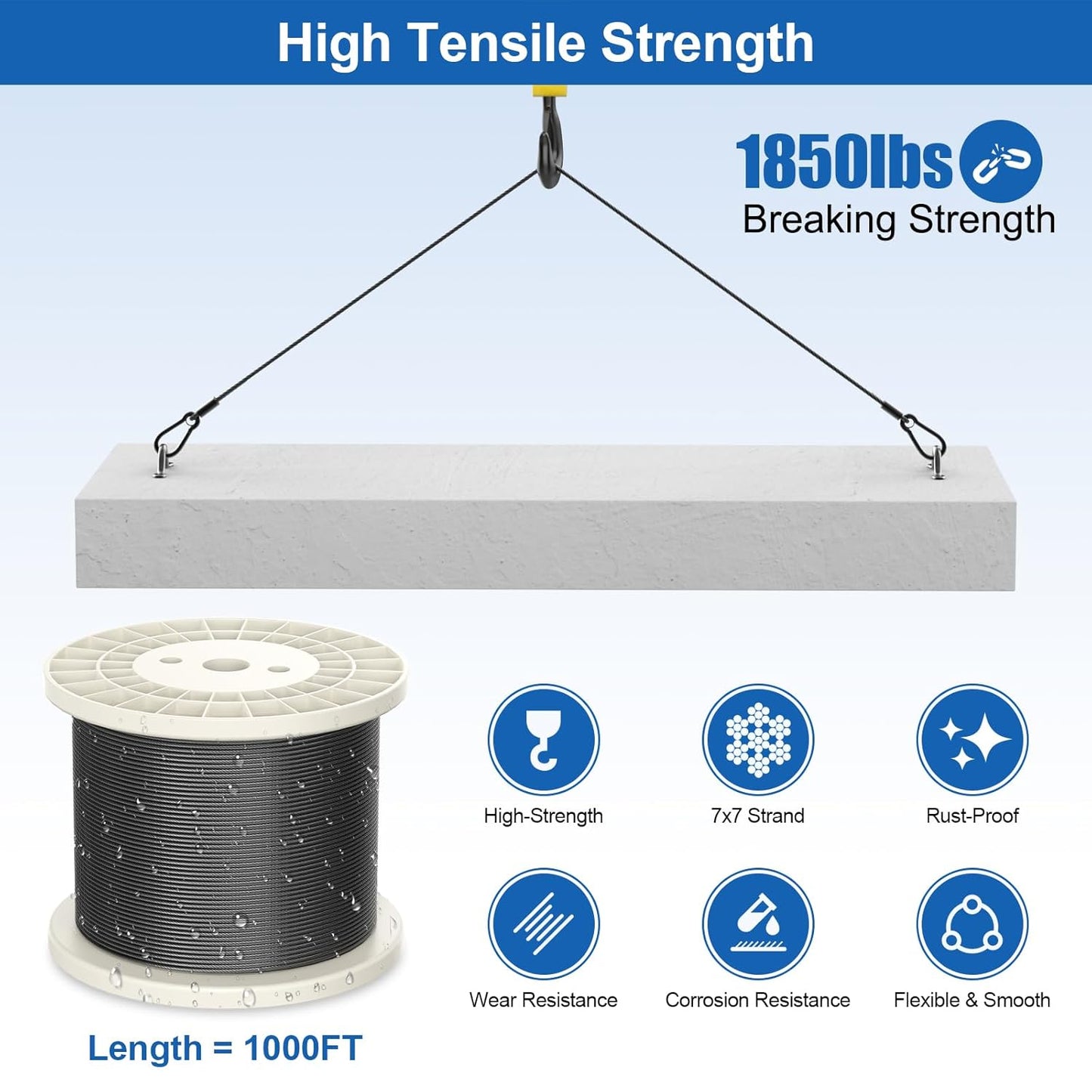 1000FT T316 Marine Grade 1/8" Stainless Steel Cable Kit w/Cutter, 7x7 Strand,1850lb Breaking Strength Wire Rope Cable for Deck Railings,Ideal for Indoor/Outdoor Railings DIY Installation, MY15