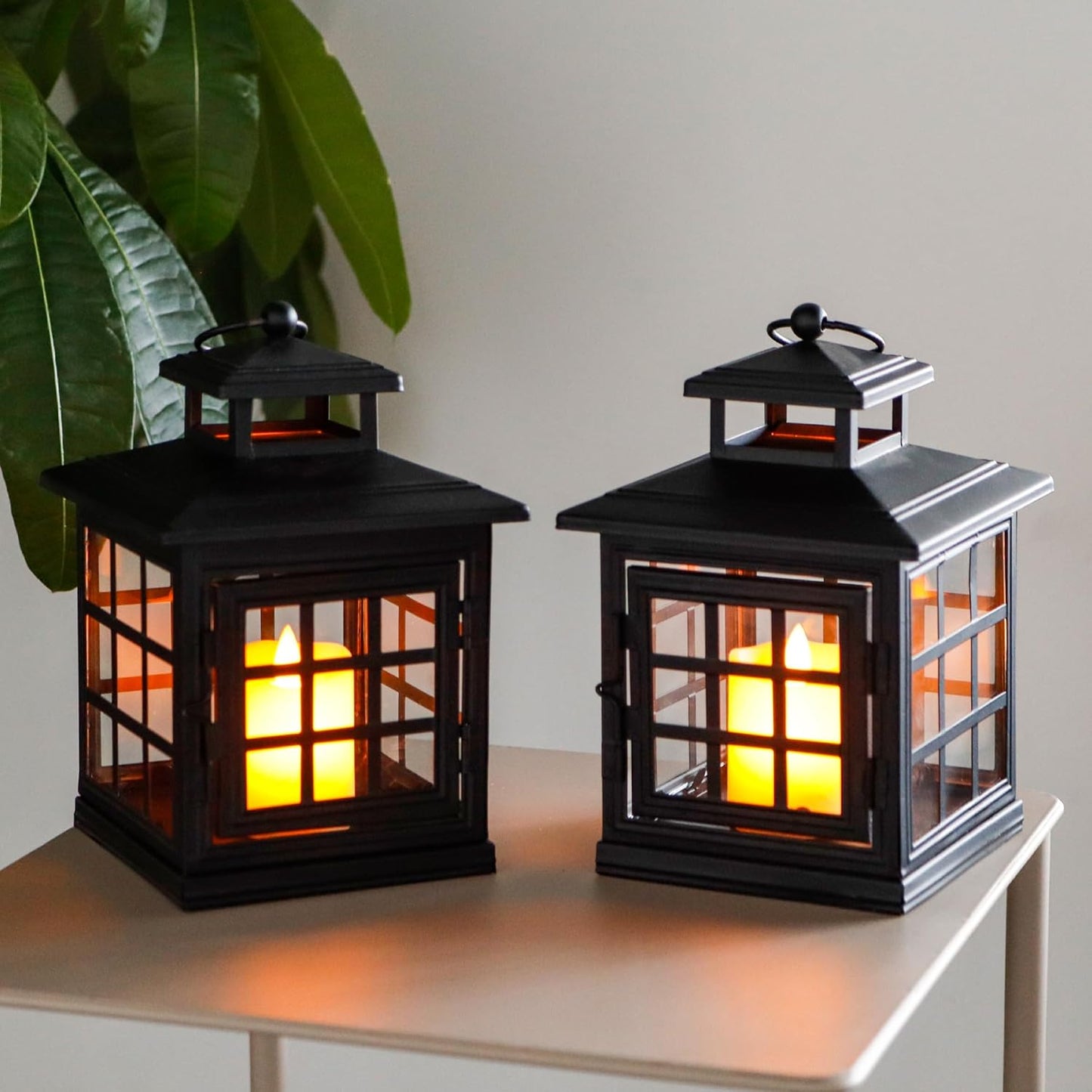 TRIROCKS Set of 2 Decorative Candle Lantern Metal Candle Holder Hanging Lantern Perfect for Home Decor Halloween Living Room Parties Events Tabletop Indoors Outdoors (Black)