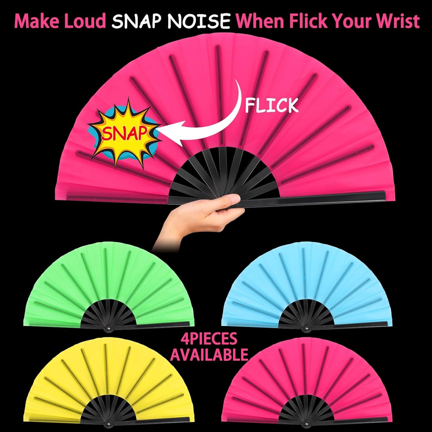 Blulu 4 Pcs 13 Inch Large Folding Hand Fans for Line Dancing Big Clapping Popping Raves Fans Bulk for Dancing Boots on The Ground Festival Party Decoration(Classic Style, Fluorescent Color)