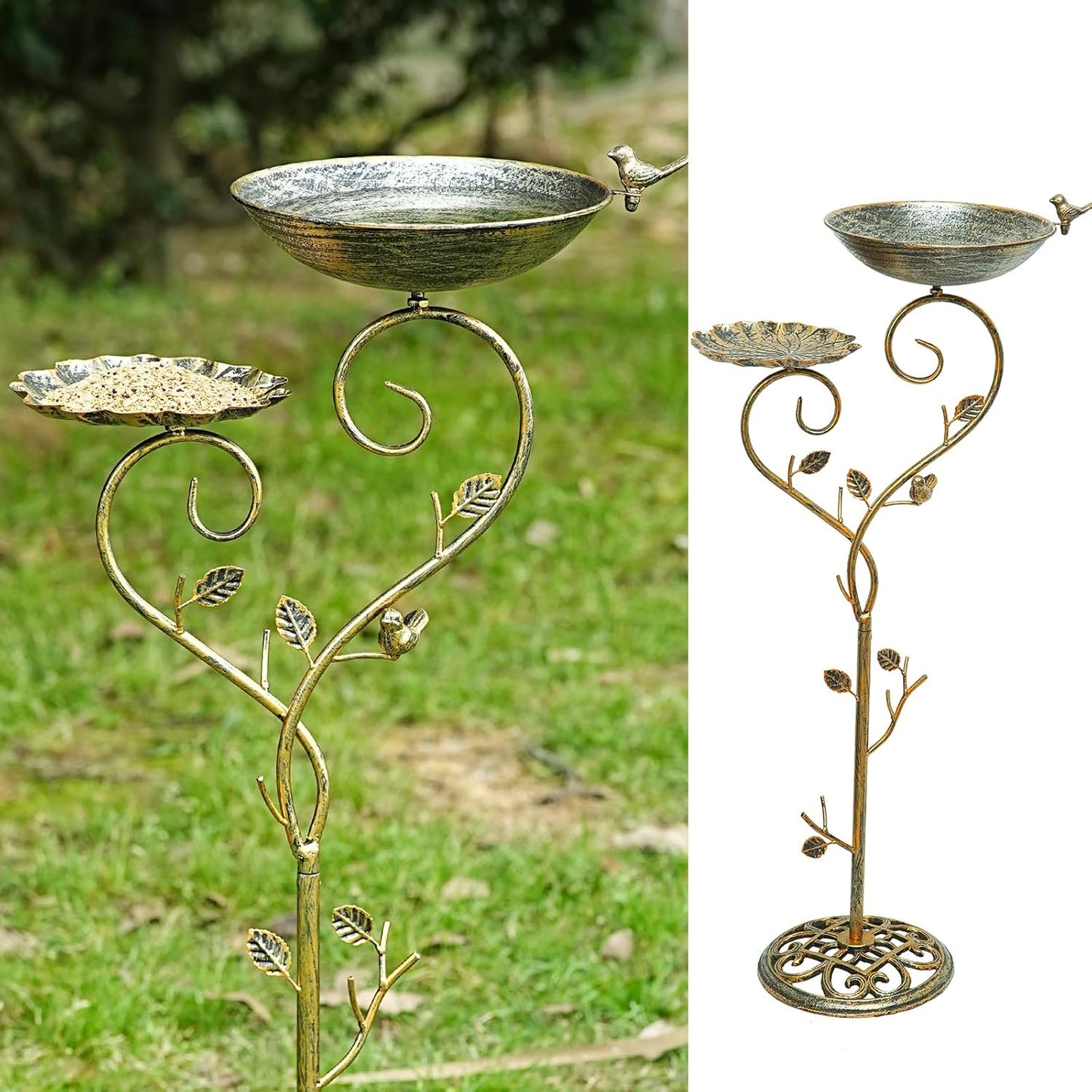37" H Cast Iron Pedestal Bird Bath, 2 in1 Bird Baths for Outdoors/Metal Bird Feeder Bowl Tray,Vintage Metal Bird Bath Garden Yard Decor