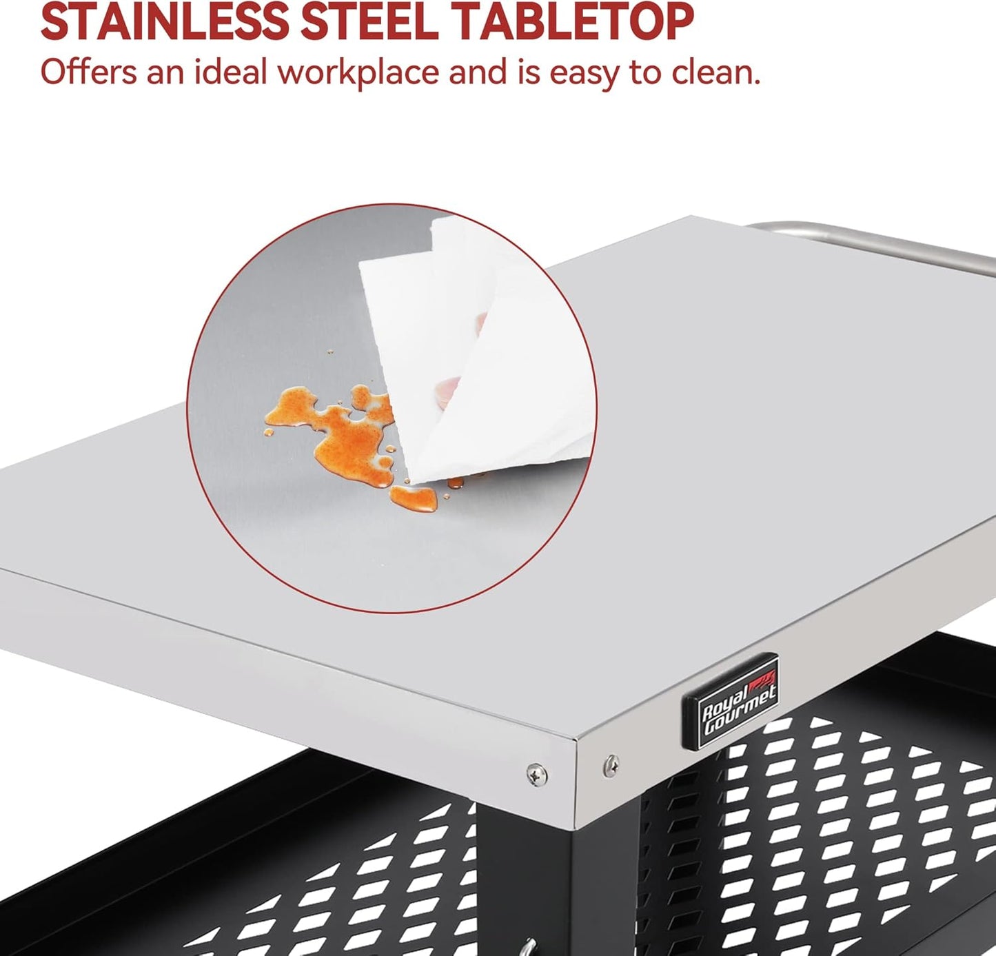 Royal Gourmet PC3404S Rolling Dining Table with Trash Bag Holder, Outdoor Garden Patio BBQ Kitchen Food Prep Table Cart, 34"L x 20"W Stainless Steel Tabletop, Silver & Black