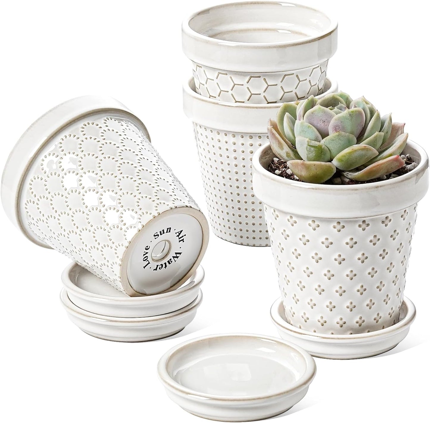 LE TAUCI Ceramic Succulent Pots, 4 Inch Small Plant Pot for Indoor Plant Cactus, Embossed Flower Pots with Drainage Hole & Saucer - Set of 4, Arctic White