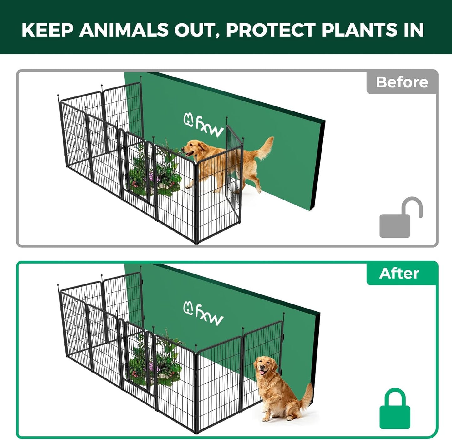 FXW Garden Fence Outdoor for The Yard – 40in(H) x 18.2ft(L) Heavy Duty Metal Animal Barrier for Dog and Rabbit, Decorative Dog Fence with Fence-to-Wall Anchor (Pack of 4), 8 Panels, Black