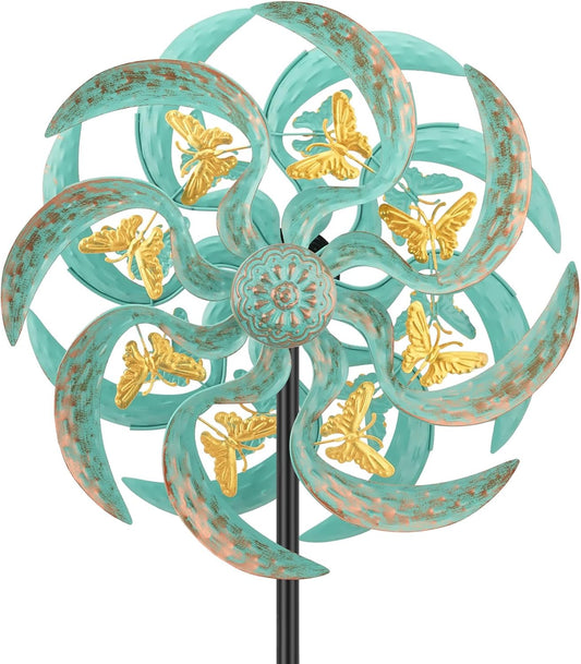 Metal Wind Spinner Outdoor, Golden Butterfly Kinetic Wind Sculpture Spinners with Metal Stake, Yard Art Decor for Patio, Lawn & Garden, Creative Gifts 57.5 * 13.4 Inch