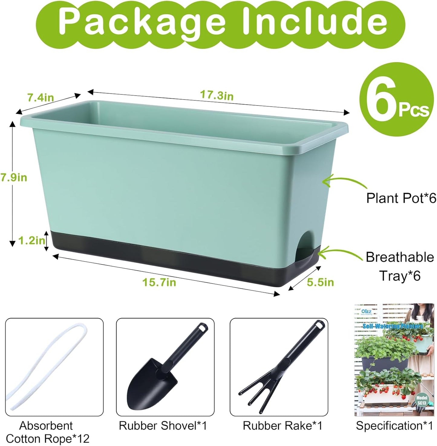 Window Box Planter 6 Pcs, 17 Inches Rectangle Flower Pots with Drainage Holes and Trays, Vegetable Planters for Windowsill Patio Garden Balcony Home Porch Yard Indoor Outdoor (Green, 17*7.4*7.8 inch)