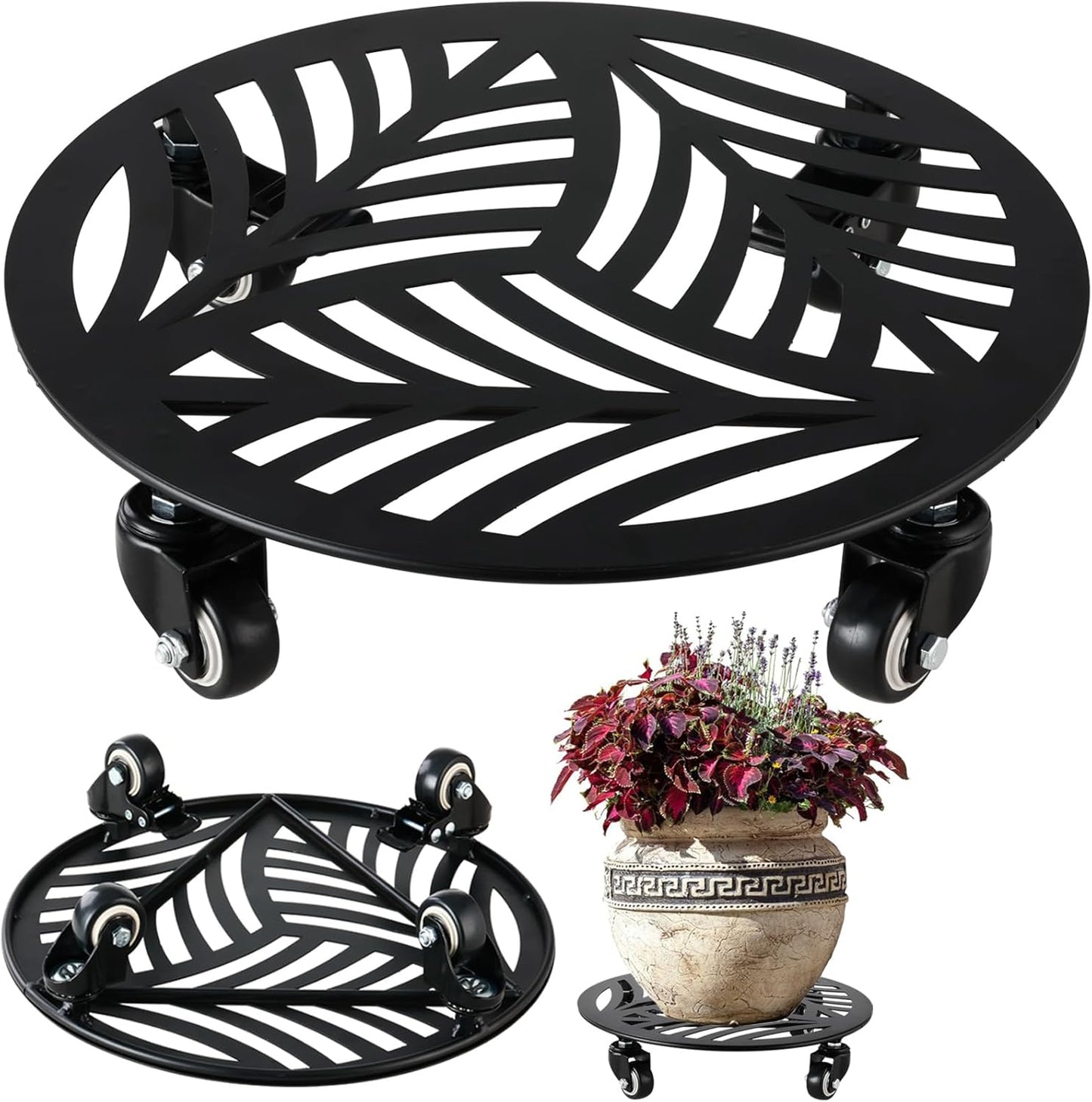 1 Pack Large Metal Plant Caddy with Wheels 13.6 Inches Heavy-duty Wrought Iron Rolling Plant Stand with Casters Indoor Outdoor Plant Roller Base Planter Movers Plant Dolly Coaster Trolley Black