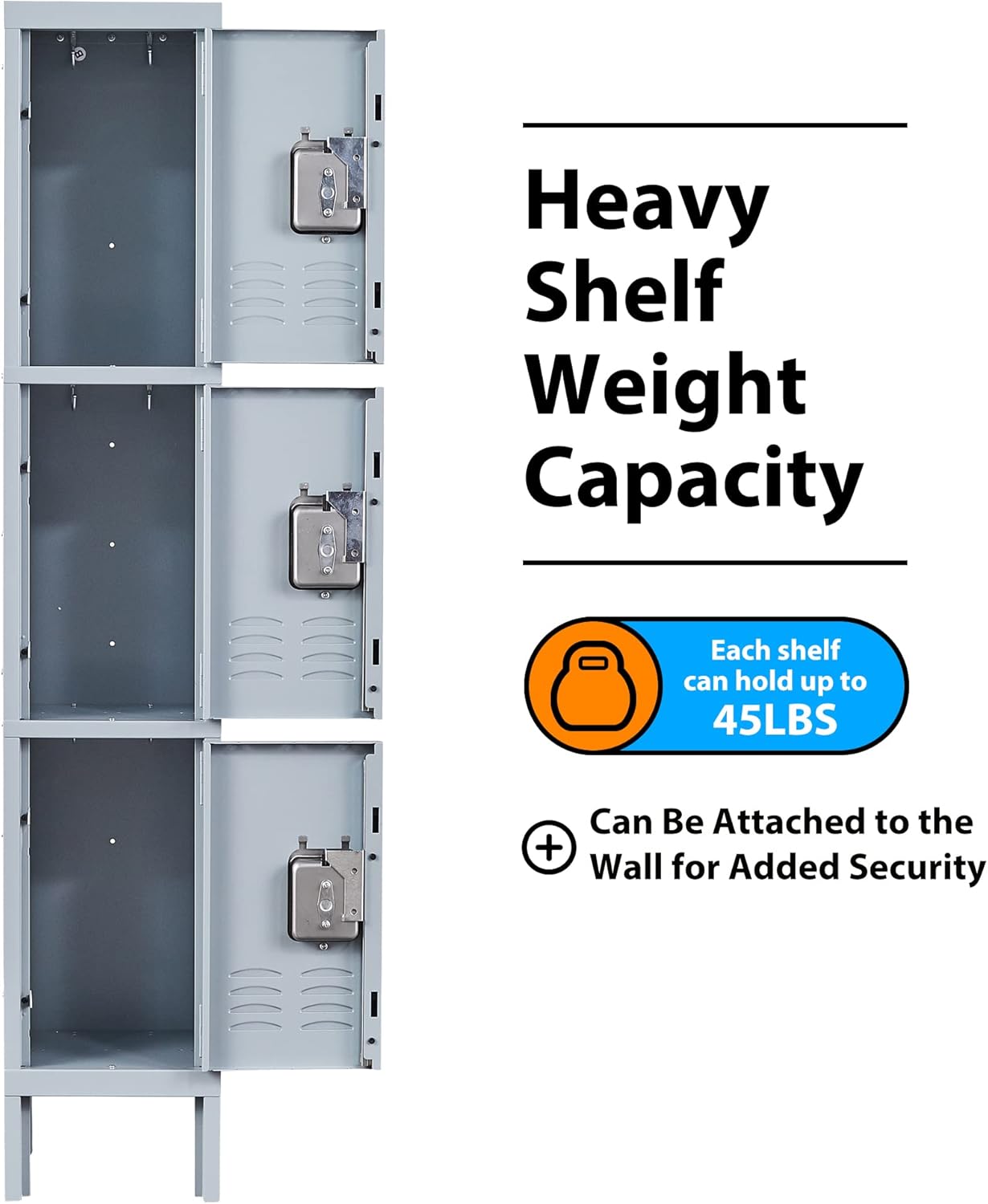 Metal Locker for School Home Office Gym, Steel Storage Lockers for Employees Students, 3 Tier Metal Storage Locker Cabinet with 3 Doors (Grey)