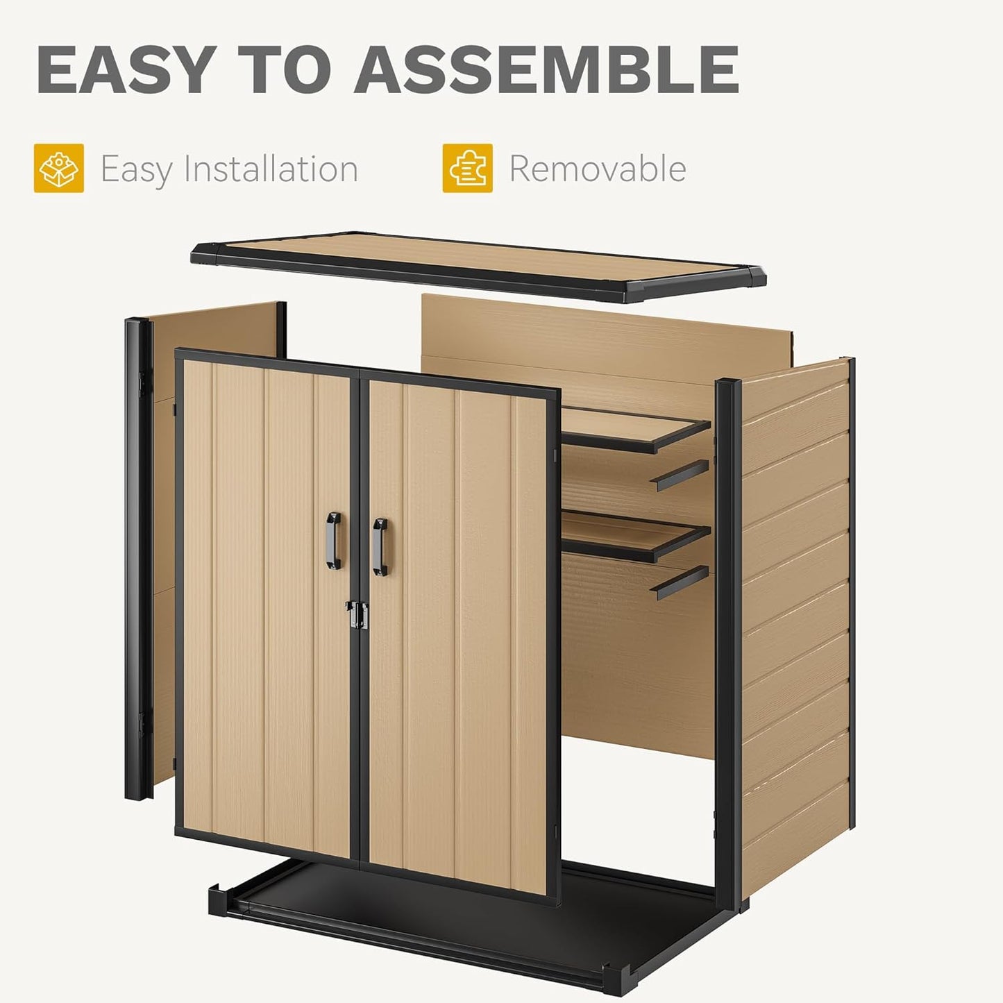 DWVO Outdoor Storage Shed with 2 Shelves, 51 Cu Ft Waterproof Resin Garden Shed with Floor & Lockable Door, Plastic Tool Cabinet for Garbage Cans, Lawn Equipment, Garden Supplies (Brown)