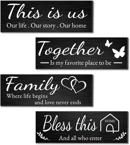 Joyhawk 4 Pieces Home Wall Decor Signs, THIS IS US/TOGETHER/BLESS THIS HOME/FAMILY Wall Decor For Living Room Bedroom, Rustic Wooden Farmhouse Wall Art Decor, 4.7 x 13.8 Inch(Black)