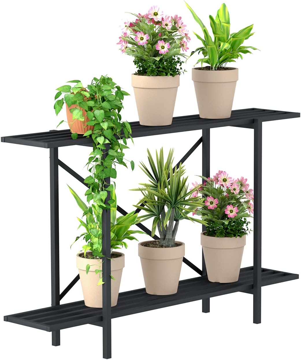 Zhongma 2 Tier Metal Sturdy Heavy Plant Stand, Narrow Plant Stand Indoor and Outdoor, L45.67 x W10.3 x H27.5 inch, 440 LBS Capacity & Heavy Duty Construction. …