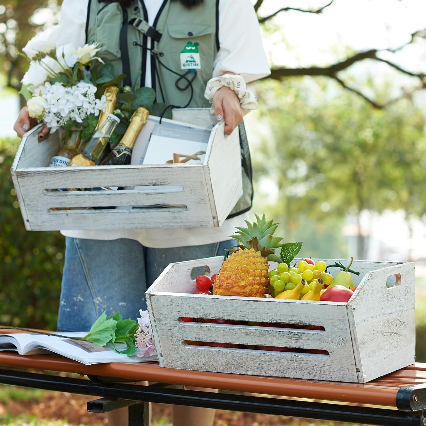 ELONG HOME Wooden Crate, 2 Pack Fast Assemble Wooden Crate for Storage, Decorative Farmhouse Wooden Crate Basket, Vintage Wood Crates Display for Fruits and Vegetables