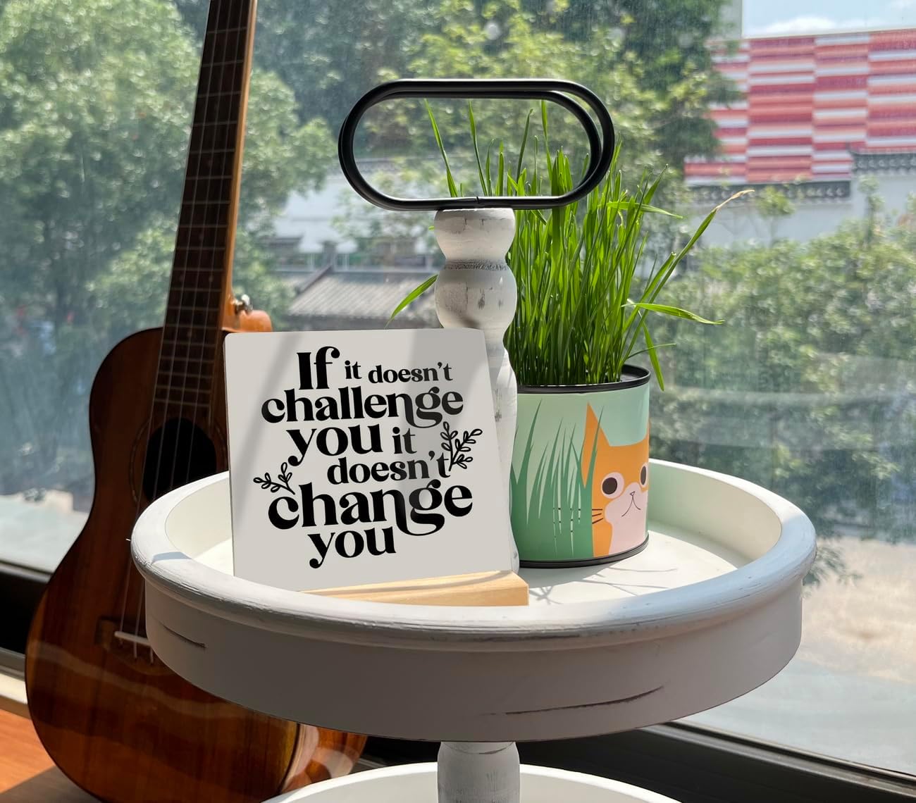 Inspirational Wooden Sign, If It Doesn't Challenge You It Won't Change You, Desk Plaque with Wooden Stand 4 x 4.3 inches, Classroom Decor, Decor for Home Gym, Gift for Young Teens Graduates