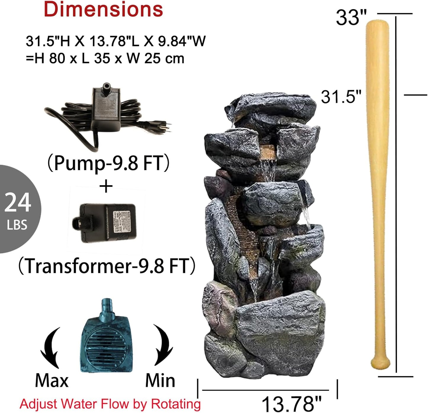 Water Features Outdoor Patio 6-Tier Cascading Rock Water Fountain 31.5''Water Fall Fountain Outside Resin Fountain with Light Mossy Rock Floor Garden Fountain Indoor for Relaxation Home Decor