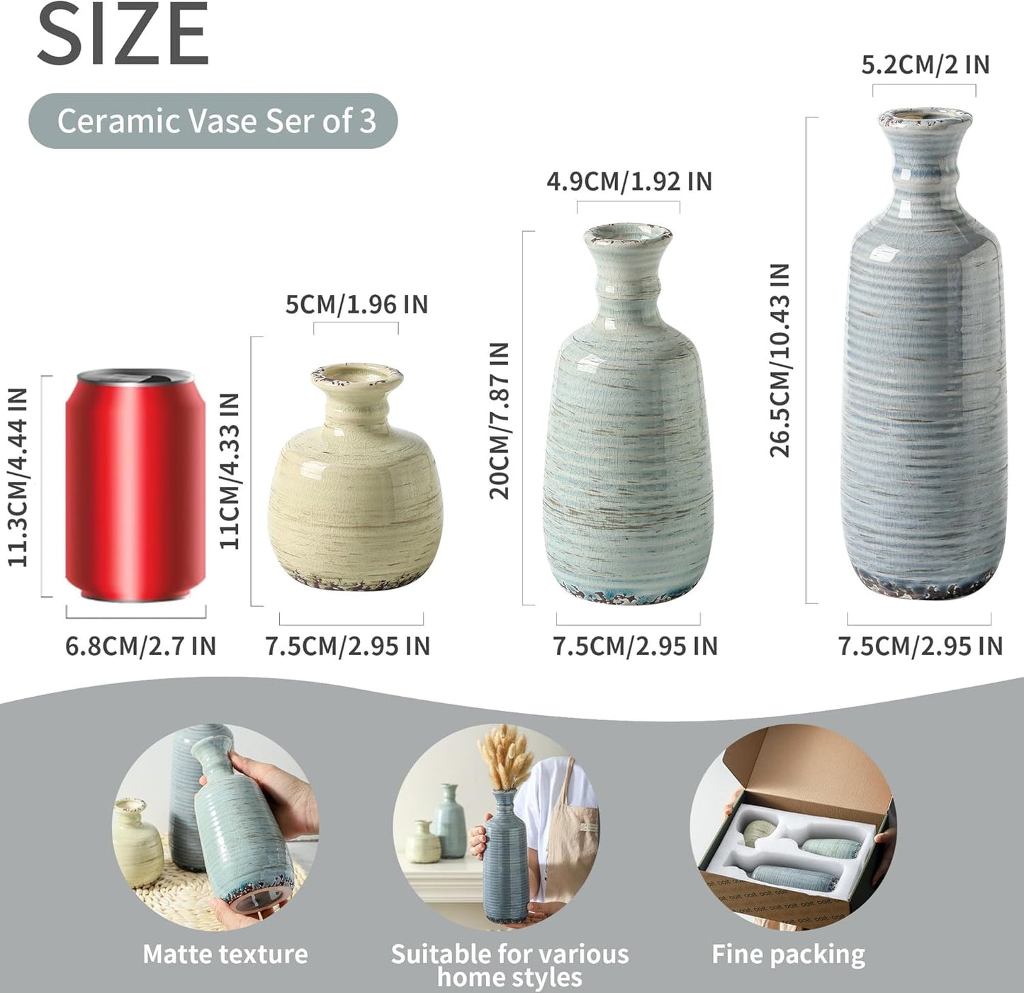 Ceramic Vase Set of 3, Rustic Neutral Vases Home Decor Farmhouse Decorative Flower Vase Modern Boho Pampass Vases for Table Mantel Entryway Shelf Living Room Kitchen Bathroom - Multicolor