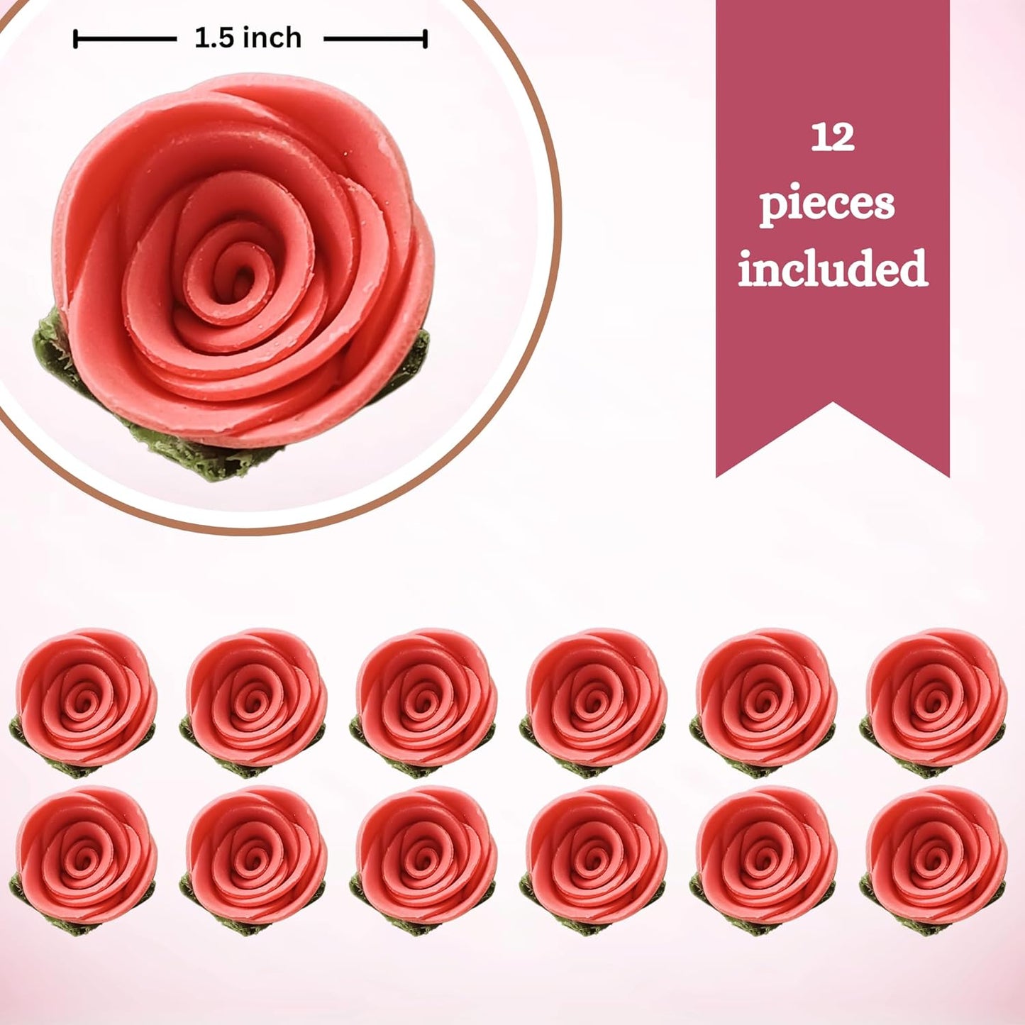 Confect Edible Coral Rose Cake Toppers | Handmade Edible Roses for Cakes, Cupcakes & Donuts | Floral Sugar Decorations for Wedding, Birthday & Festive Desserts – Pack of 12